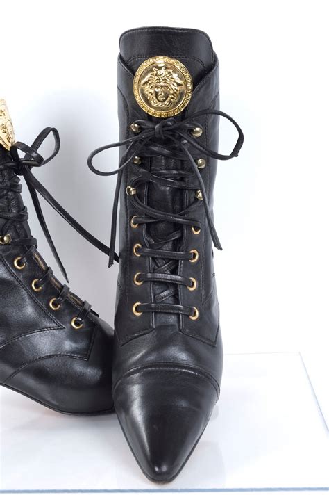 vintage gianni versace black leather boots over knee bondage crystals|Shoes .